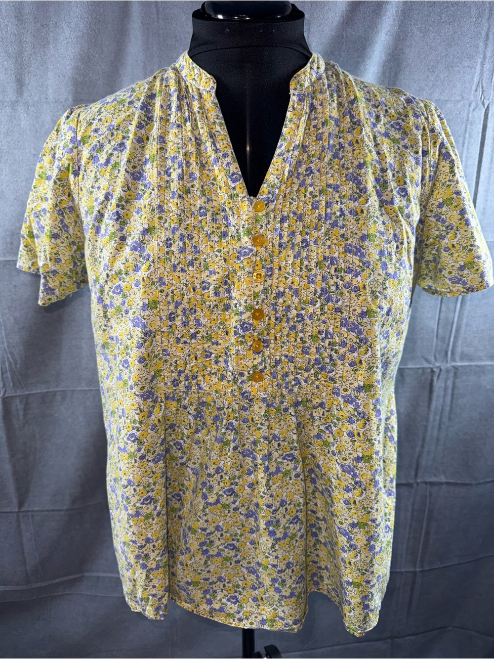2793-Woman Within Yellow and Purple Floral Short-Sleeve Blouse